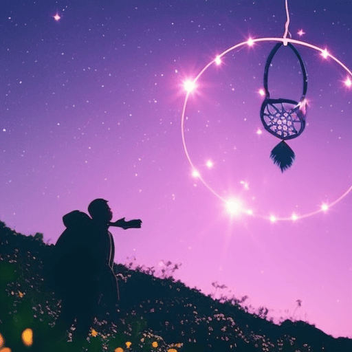 An image showcasing a mystical night sky with a radiant shooting star, illuminating a person's silhouetted figure as they stand on a hill, surrounded by blooming flowers, while holding a vibrant dreamcatcher