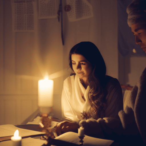 An image featuring a person sitting across from an astrologer in a cozy, dimly lit room