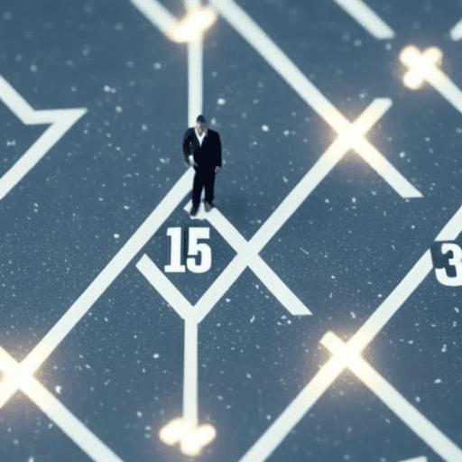 An image showcasing a person standing at a crossroads, with multiple career paths depicted as floating numerals