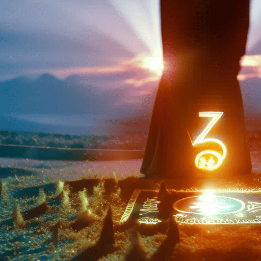 An image of a person's birth date written on a parchment, surrounded by mystical symbols and a glowing pathway leading to their life path number, represented by a radiant sun