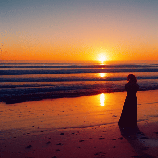 An image showcasing a serene beach scene, with a vibrant sunset casting warm hues across the sky