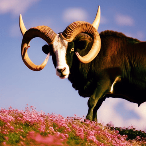 An image showcasing the fiery Aries, a ram with majestic curved horns leaping across a starry sky, while the grounded Taurus, a powerful bull with lustrous coat, stands resolute amidst blooming flowers