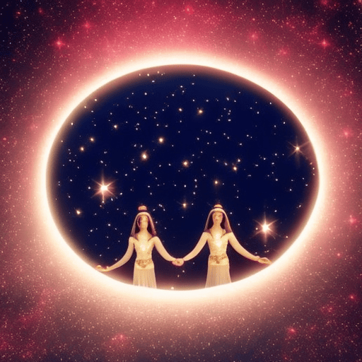An image depicting a celestial landscape with Gemini and Cancer zodiac signs intertwined as twins, surrounded by a luminous moon goddess