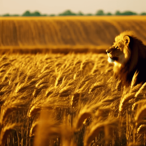An image displaying a majestic lion sitting atop a golden throne, surrounded by lush fields of wheat