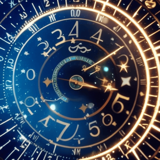 An image of a cosmic clock, adorned with symbols representing the karmic numbers of famous celebrities