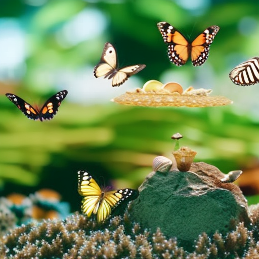 An image showcasing a serene landscape with a vibrant spiral seashell and an array of colorful butterflies, symbolizing the journey of self-discovery through numerology