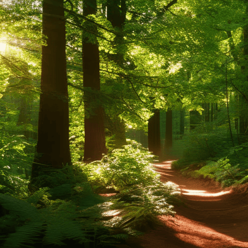 An image depicting a mystical forest scene, where rays of sunlight filter through the dense foliage, illuminating a winding path