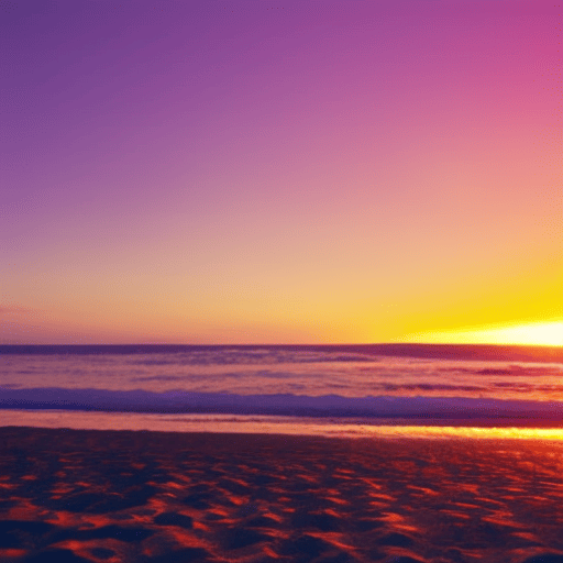 An image showcasing a vibrant sunset over a serene beach, with hues of warm oranges and calming purples