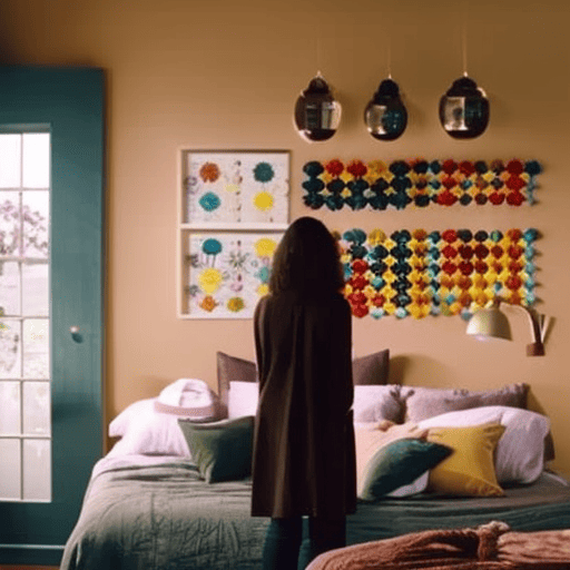 An image of a serene bedroom with a color wheel hanging on the wall