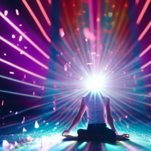 An image featuring a person meditating in a vibrant room filled with crystals, as their aura aligns with the crystals' energy