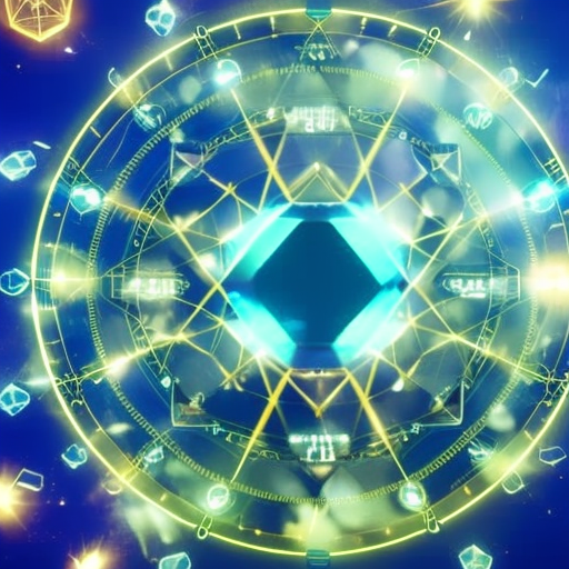 An image showcasing a crystal grid with nine different crystals strategically placed in a geometric pattern