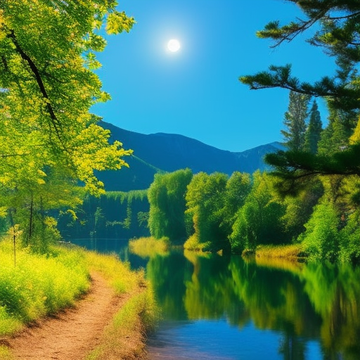 An image depicting a serene moonlit landscape with a vivid spectrum of colors reflecting off a calm lake