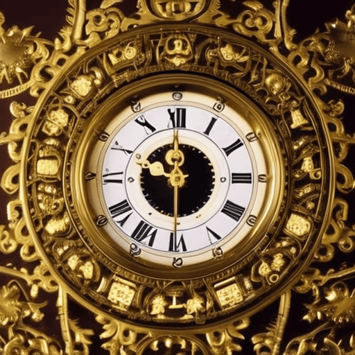 An image showcasing a mystical, celestial clock adorned with intricate symbols and numbers