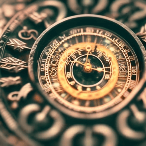 An image of a mystical clock, adorned with ancient symbols and hands pointing to significant dates in history