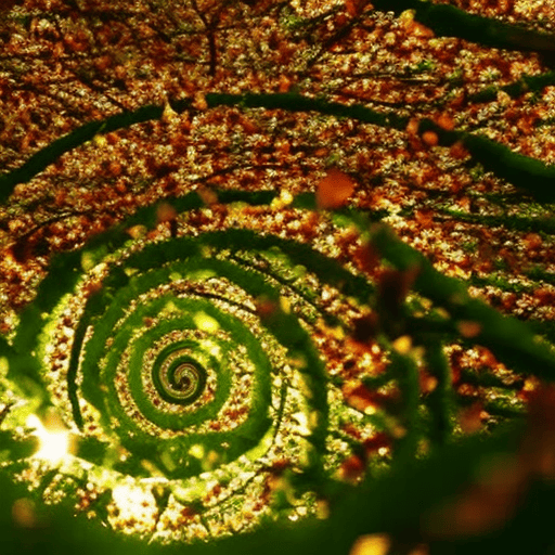 An image showcasing a lush forest, with sunlight filtering through the leaves, illuminating a Fibonacci spiral formed by flower petals, revealing the hidden messages of numbers found in nature