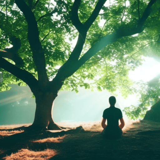 An image featuring a person meditating under a majestic, ancient tree with branches adorned by vibrant leaves, while rays of sunlight form intricate patterns, symbolizing the harmonious connection between numbers and nature's energy