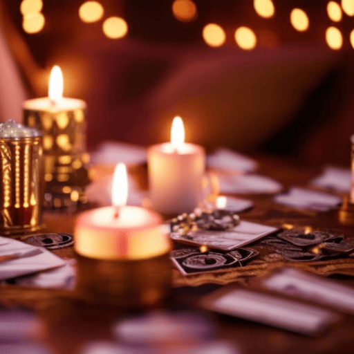 An image showcasing a mystical tarot spread: A beautifully adorned table with cards fanned out, bathed in soft candlelight