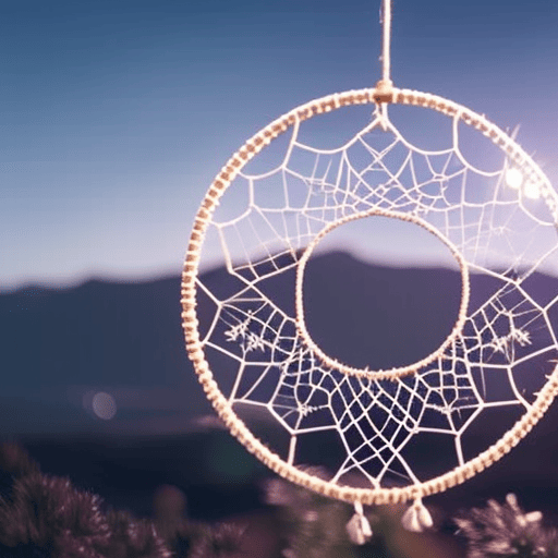 An image of a mystical dreamcatcher suspended above a serene, moonlit landscape