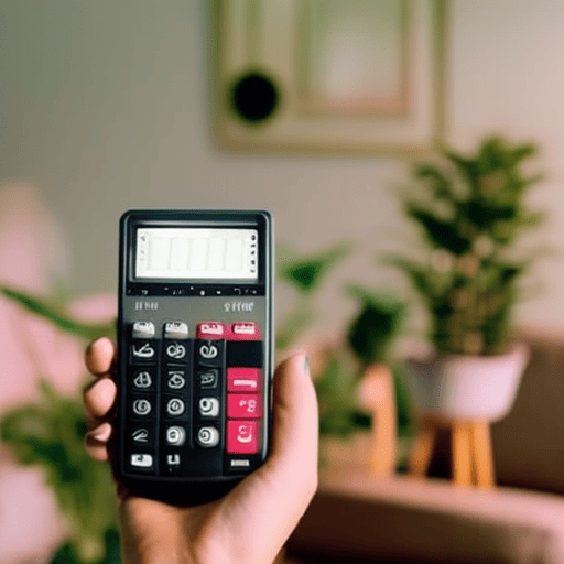 An image of a hand holding a calculator, surrounded by a cozy living room