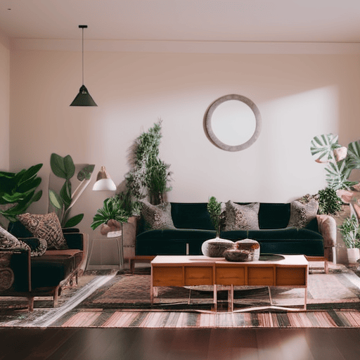 An image of a serene living room with a symmetrical layout, soft natural lighting, and carefully chosen colors, showcasing a balanced arrangement of furniture, plants, and decorative items