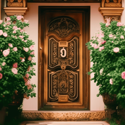 An image showcasing a front door adorned with a beautifully carved number, surrounded by lush greenery and blooming flowers