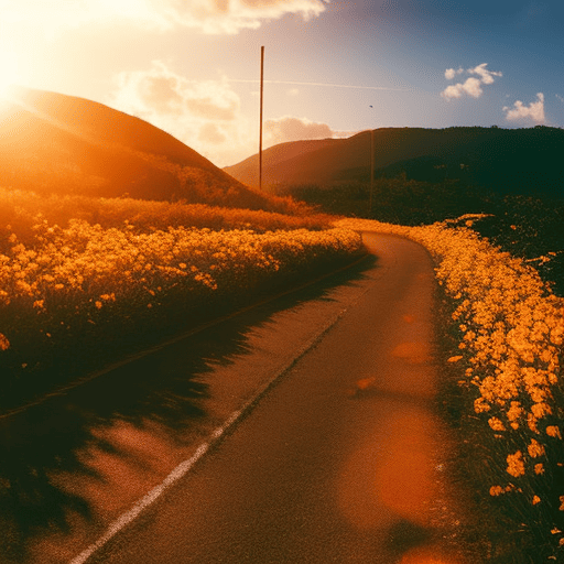 An image of a winding road, surrounded by vibrant, blooming flowers