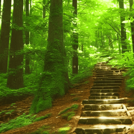 An image depicting a path winding through a lush forest, with dollar signs subtly embedded in the leaves