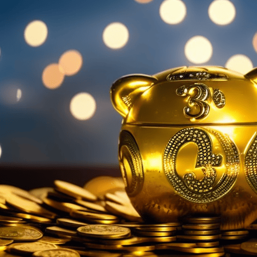 An image of a vibrant, golden piggy bank overflowing with coins and dollar bills, surrounded by shimmering number symbols