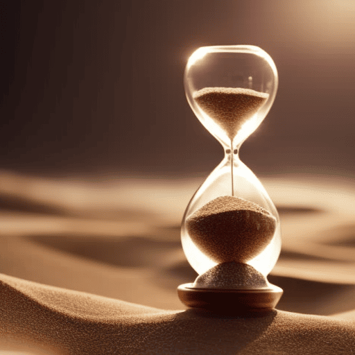 An image showcasing an ethereal, ancient hourglass filled with shimmering, numbered sands, each grain representing a past life