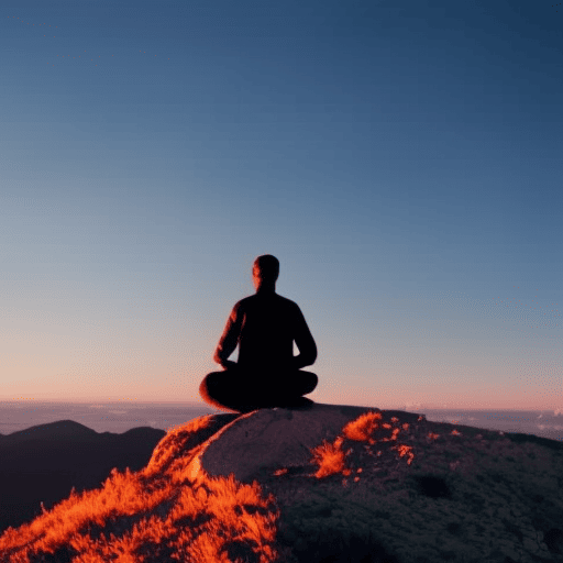 An image showcasing a serene sunset silhouette of a person meditating on a mountaintop, surrounded by ethereal energy