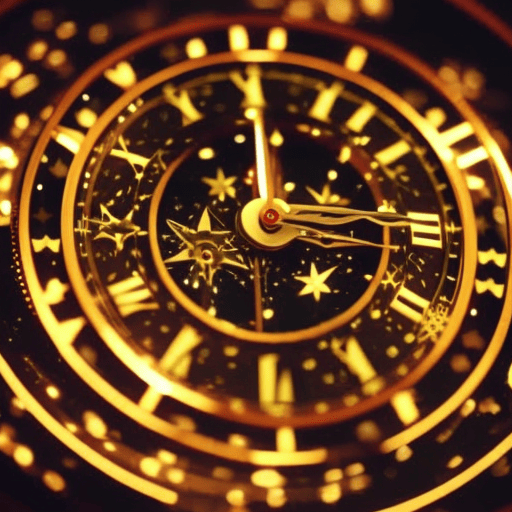 An image of a mystical clock, adorned with intricate numerals, suspended in a starry sky