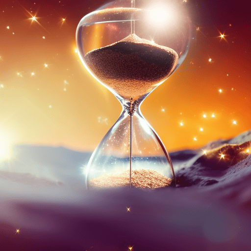 An image showcasing a vibrant, swirling galaxy as the backdrop, with a mystical, ancient hourglass in the foreground