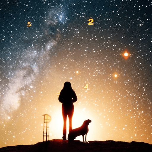 An image showcasing a person and their pet sitting under a starlit sky, surrounded by glowing numbers