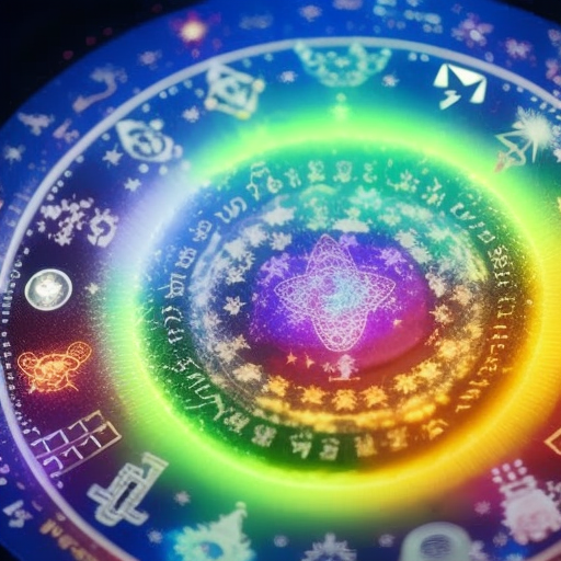 An image showcasing a rainbow-colored cosmic chart, with vibrant zodiac symbols surrounding a central paw print
