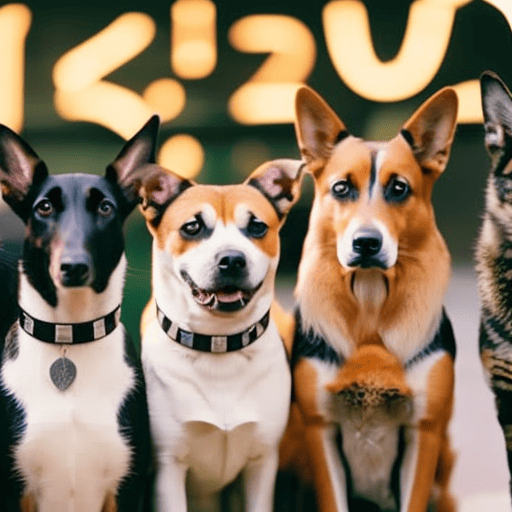 An image of a diverse group of pets standing in a line, each wearing a numbered collar that corresponds to their numerology number