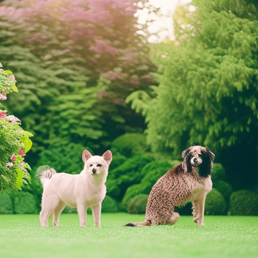 An image showcasing a serene garden scene, with two animals of the same number playfully interacting