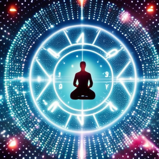 An image featuring a person meditating in a serene natural setting, surrounded by vibrant, glowing numbers