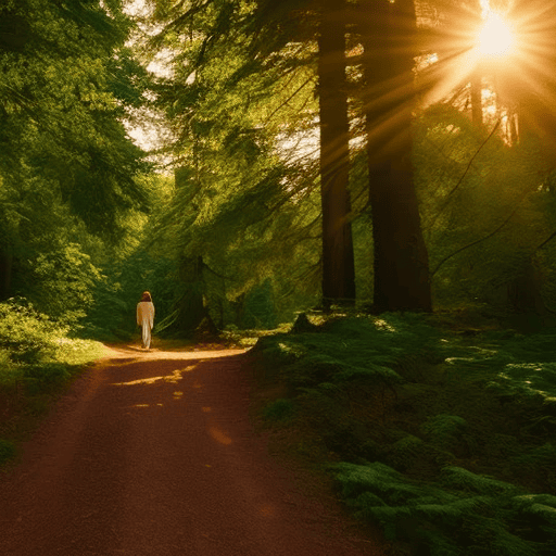 An image of a serene, sunlit forest path, winding through ancient trees