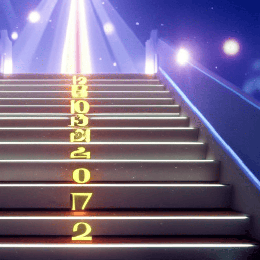 An image depicting a mystical staircase leading upwards towards a radiant source of light, with each step adorned by vibrant numerals
