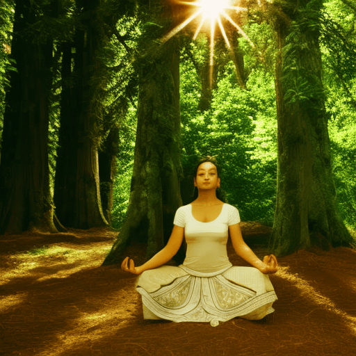 An image showcasing a serene figure meditating amidst a lush, enchanted forest