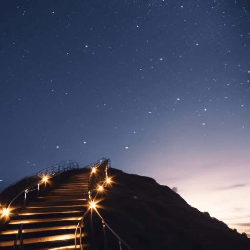An image featuring a serene, starlit night sky with a mystical spiral staircase leading upwards