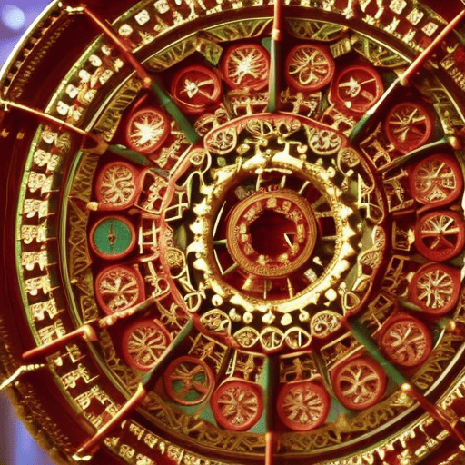 An image of a mystical wheel divided into 12 equal sections, each adorned with intricate symbols and colors, representing the unique personality traits associated with each birth date