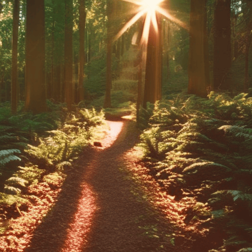 An image featuring a winding pathway through a lush forest with sunlight peeking through the leaves