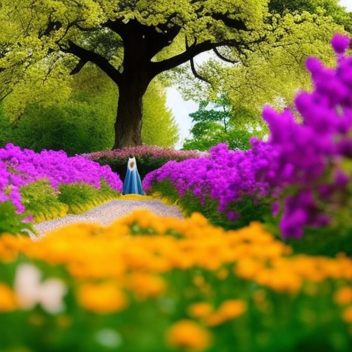 An image of a lush, vibrant garden with a solitary figure meditating beneath a towering tree, surrounded by blooming flowers in hues of gold and purple