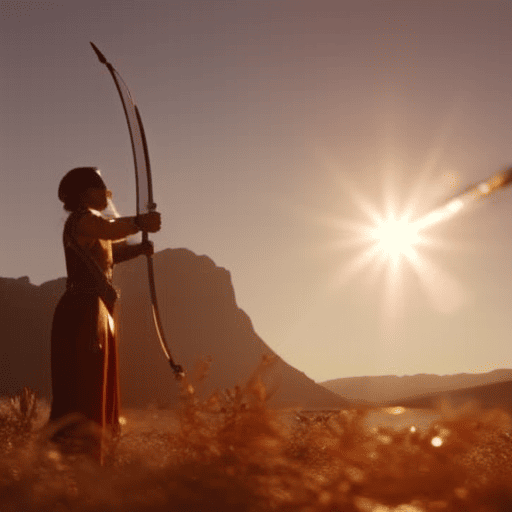 An image depicting a vibrant Sagittarius zodiac symbol: a skilled archer aiming their bow high towards a radiant, sun-soaked horizon