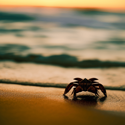 An image of a serene beach at dusk, with a lone crab emerging from the shore