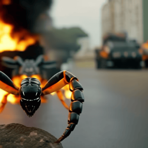 An image showcasing a black, sleek scorpion symbol with its stinger arched menacingly, surrounded by vibrant flames