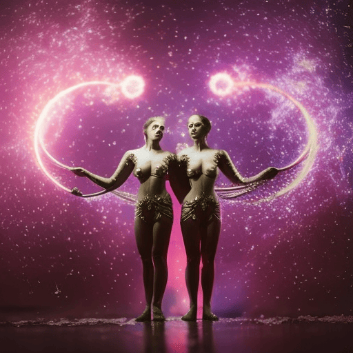 An image showcasing two ethereal figures, intertwined yet distinct, embodying Gemini's duality