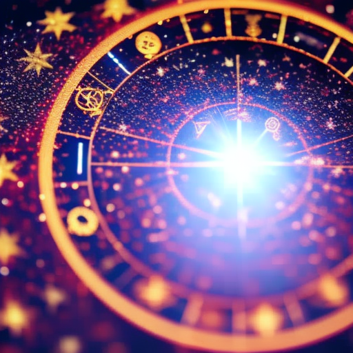 An image featuring a vibrant celestial backdrop, with a large golden zodiac wheel at the center