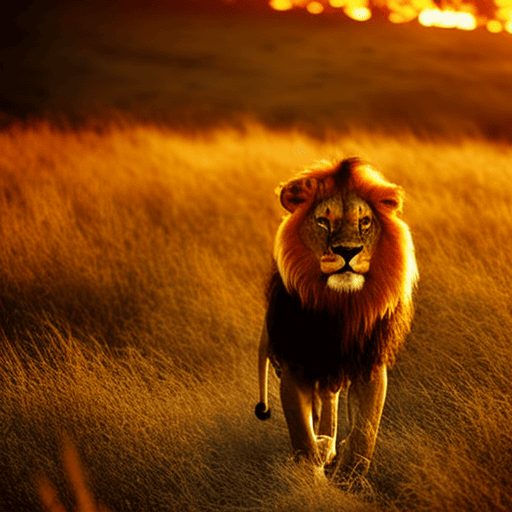 An image capturing the majestic essence of Leo: a regal lion illuminated by a golden sunset, its fiery mane flowing in the wind, exuding confidence and charisma